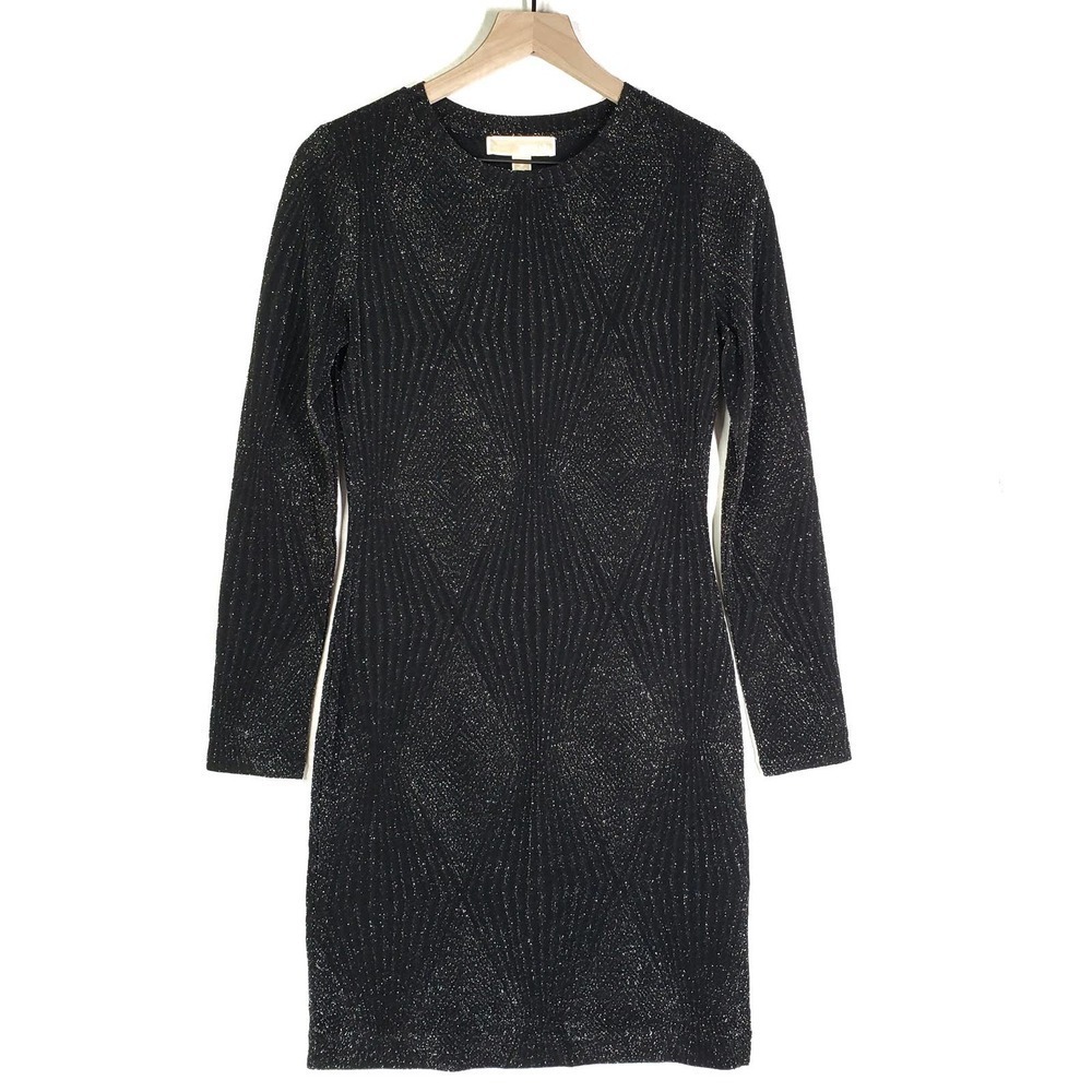 MICHAEL‎ Michael Kors Sparkle Bodycon Dress S Black Gold Metallic Long Sleeve